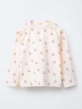 Zara Girls Long-Sleeve Rashguard Swim Top with Cherry Print, Ivory (Ecru) - 2Y